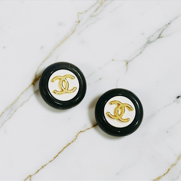 Upcycled Jewelry - Luxury Black/White/Gold Upcycled Button Earrings 18mm